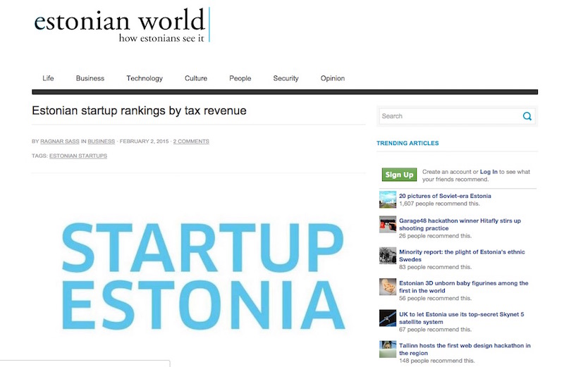 Estonian startup rankings by tax revenue